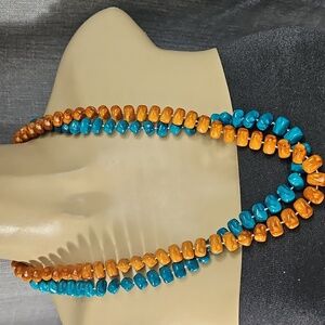 NECKLACE-VINTAGE NUGGET BEADS IN TEAL & BROWN